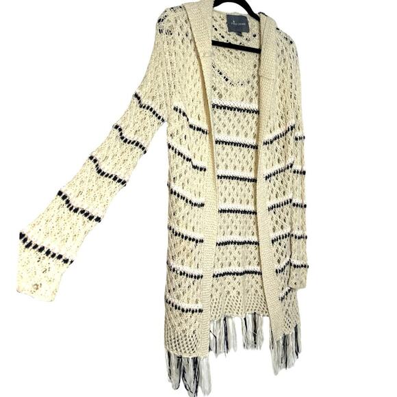 Paper Crane Women’s Striped Open Front Hooded Cardigan Beige Size Large - Picture 6 of 8